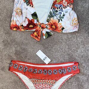 Farm Rio for Anthro Bathing Suit Halter Top - Orange Floral - XS - NWT